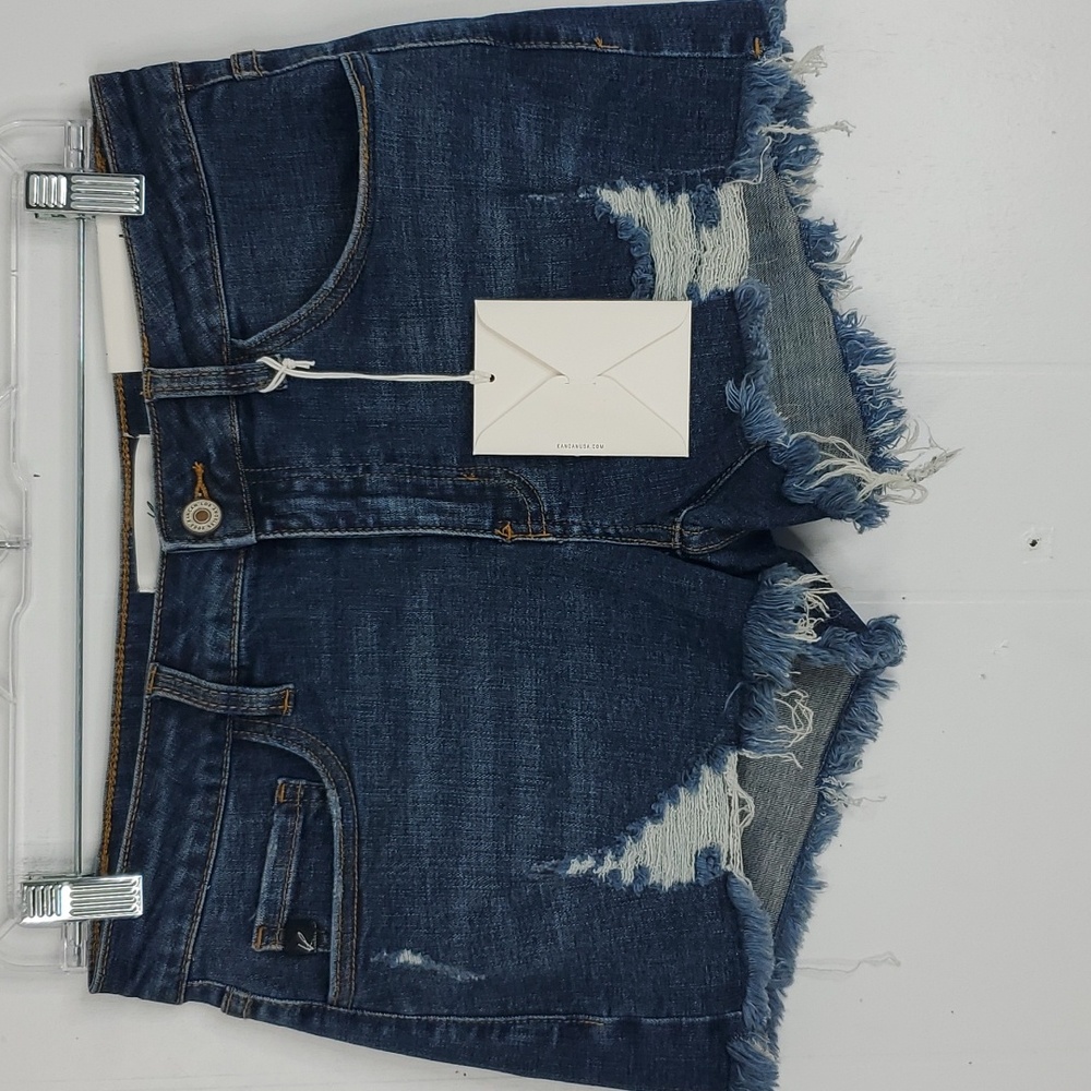 Kancan Shorts Mid Rise Distressed Raw Hem Frayed Dark Wash 2 Inch Womens L